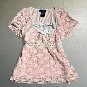 Pink Sweet Society Lace Y2K Coquette Babydoll Top Bow Detail Fairycore Blouse